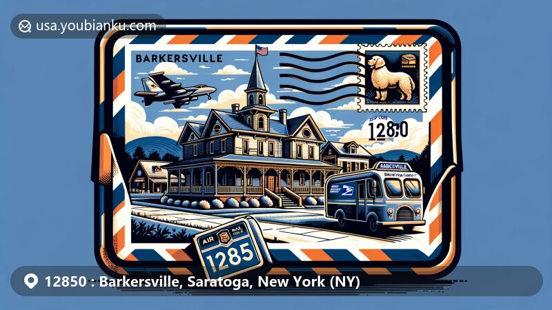 Modern illustration of Barkersville, Saratoga County, New York, showcasing postal theme with ZIP code 12850, featuring Saratoga County outline, New York state flag, Packer Farm, and Barkersville Store.