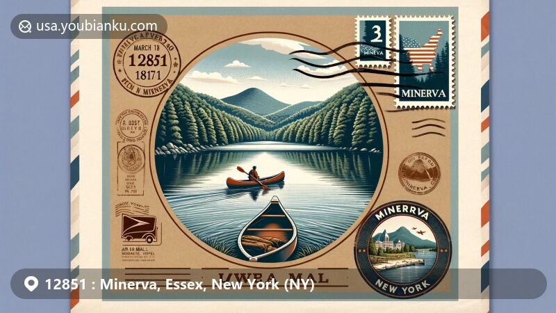 Modern illustration of Minerva, New York, showcasing scenic beauty and cultural essence, with iconic canoeing scene and vintage postal elements, including ZIP code 12851 and Hudson River stamp.