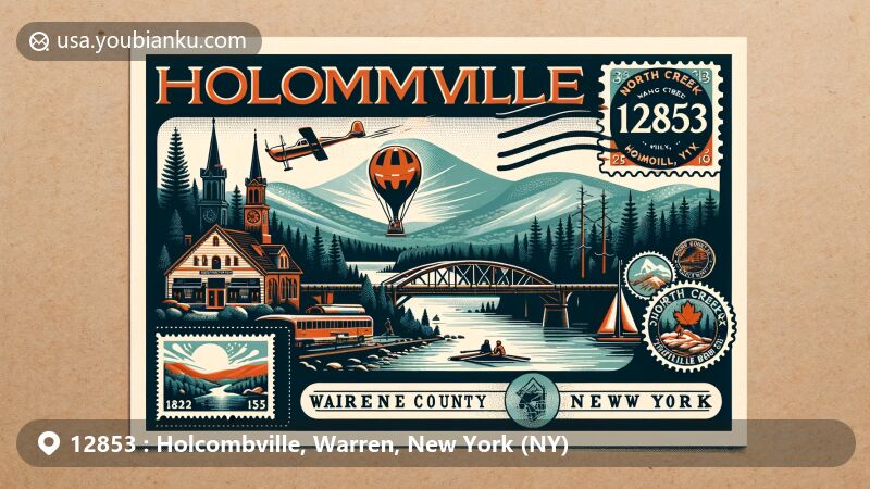 Modern illustration of Holcombville, Warren County, New York, showcasing postal theme with ZIP code 12853, featuring Adirondack Park scenery, North Creek Bridge, and stylized postal elements.