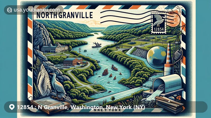 现代插画风格展示了纽约北格兰维尔（North Granville, NY）的邮政主题数字艺术作品，突出显示ZIP编码12854，描绘了Mettawee River、绿色植被和石板沉积，展示了北格兰维尔的自然美景和重要产业，同时呈现了历史文化元素。