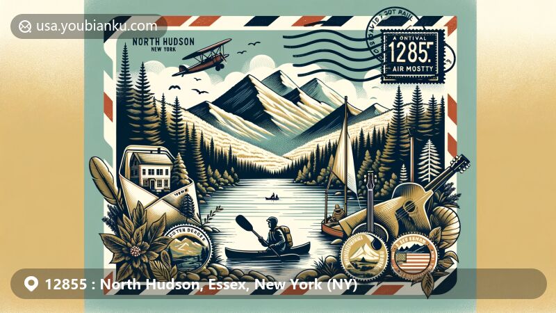 Modern illustration of North Hudson, Essex, New York (NY), featuring Grace Peak, Dix Mountain, Schroon River, outdoor recreational activities, vintage air mail elements, and ZIP code 12855, blending natural and postal themes in Adirondack-inspired colors.