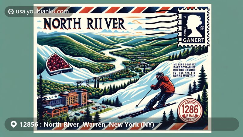 Modern illustration of North River, New York, spotlighting postal theme with ZIP code 12856, highlighting Adirondack Mountains' natural beauty, garnet mining significance, and Gore Mountain skiing activities.