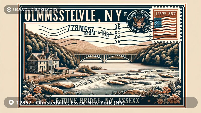Modern illustration of Olmstedville, Essex County, New York, capturing Adirondack Park's natural beauty with focus on Natural Stone Bridge & Caves, seamlessly integrating postal theme with vintage postcard design showcasing ZIP code 12857.