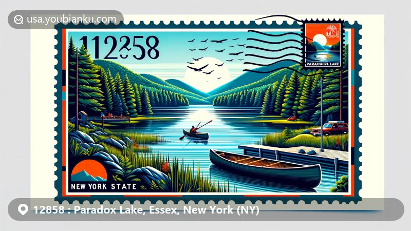 Modern illustration of Paradox Lake, Essex County, New York, showcasing serene waters with canoes and rowboats, surrounded by Adirondack Mountains' hardwood forests. Features stylized postal element with ZIP code 12858 and New York State Parks logo.