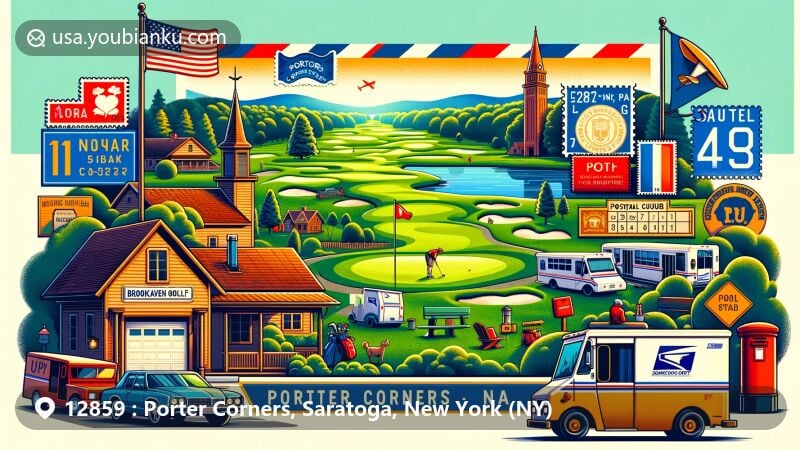 Modern illustration of Porter Corners, Saratoga County, New York, featuring postal theme with ZIP code 12859, highlighting Brookhaven Golf Course, New York state flag, and Saratoga County outline.