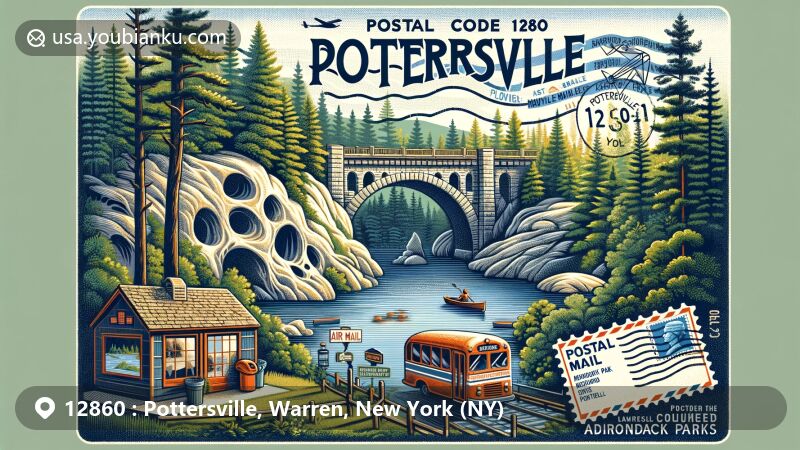 Modern illustration of Pottersville, New York, Warren County, showcasing Natural Stone Bridge and Caves in Adirondack Park, with postal theme and ZIP code 12860, featuring vintage postcard design with postmark, postage stamp, and postal icons.