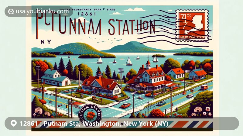 Modern illustration of Putnam Station, Washington County, New York, featuring postal theme with ZIP code 12861, showcasing Lake Champlain and local scenery, incorporating New York state symbols and postal elements like mailbox or vintage postal carriage.