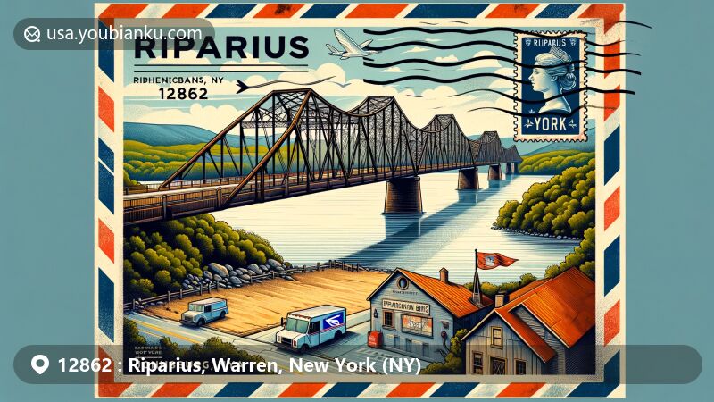 Modern illustration of Riparius, Warren County, New York, featuring historic Riparius Bridge spanning the Hudson River, connecting Johnsburg and Chestertown. Scenic Hudson River Valley backdrop with postal theme in vintage airmail envelope.