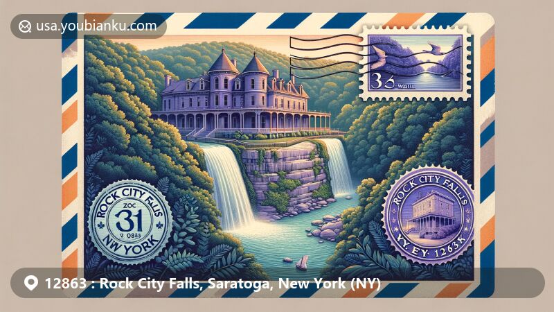 Modern illustration of Rock City Falls, New York, featuring airmail envelope with detailed stamp of The Mansion Inn, purple Italianate Victorian mansion, postmark with ZIP code 12863, and Kayaderosseras Creek waterfall surrounded by lush foliage.