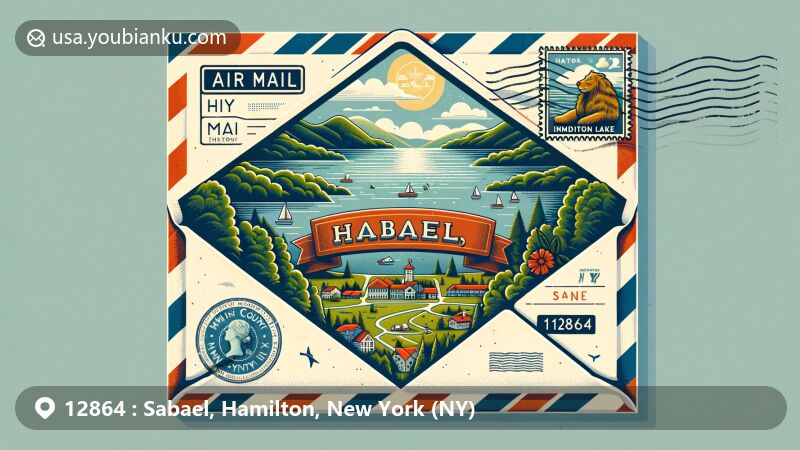 Modern illustration of Sabael, Hamilton County, New York, featuring iconic Indian Lake and stylized map, showcasing outdoor recreational activities and ZIP code 12864 in an air mail envelope.