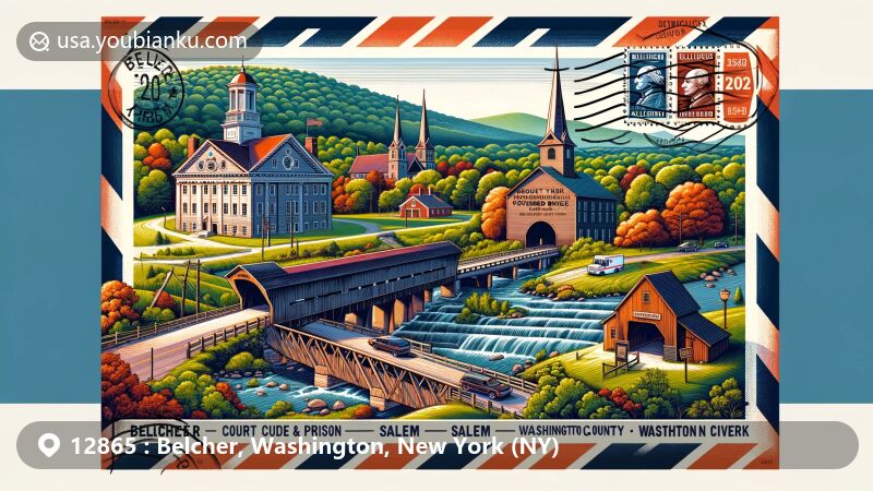 Modern illustration of Belcher, Salem, and Washington County, New York, capturing historic landmarks like Salem Courthouse & Prison, Revolutionary War Cemetery, and iconic covered bridges over Battenkill River, along with Salem Art Works and Cary Hill sculptures, all set in a vintage airmail envelope with ZIP code 12865.