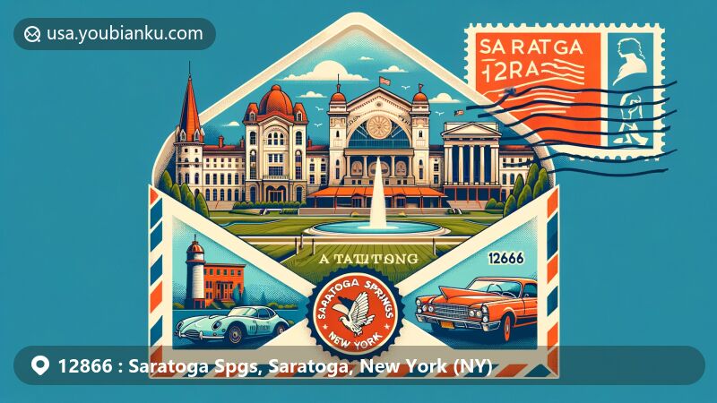 Modern illustration of Saratoga Springs, New York, showcasing cultural and historical elements with a postal theme including iconic landmarks, classical architecture, and a classic car, all symbolizing the rich heritage of the area.