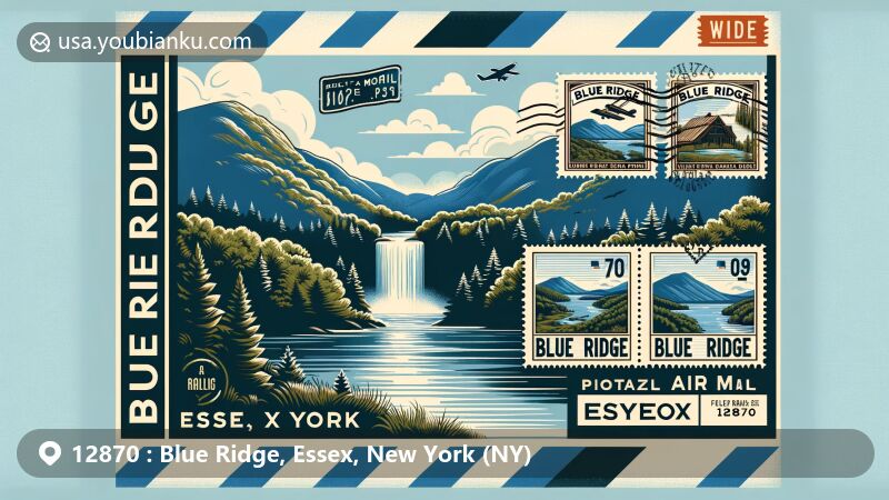 Modern illustration of Blue Ridge area in Essex County, New York, featuring Blue Ridge Mountain and Blue Ridge Falls on stamp-themed envelope with ZIP code 12870, set against Adirondack Mountains backdrop.