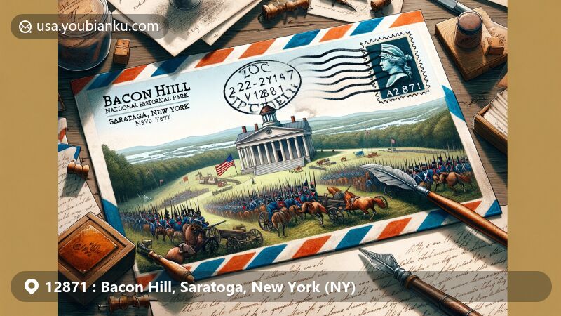 Modern illustration of Saratoga National Historical Park in Bacon Hill, Saratoga, New York, featuring Revolutionary War history with American entrenchments and battlefield, presented in an airmail envelope with vintage stamp displaying ZIP code 12871.
