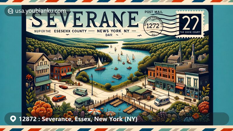 Modern illustration of Severance, Essex County, New York, featuring postal theme with ZIP code 12872, showcasing natural beauty and outdoor activities, including serene lake, dense forests, fishing, hiking, camping, and stylized buildings.
