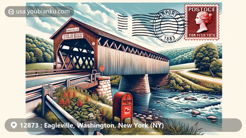Modern illustration of Eagleville, Washington County, New York, featuring historic Eagleville Covered Bridge with Town lattice truss design, surrounded by lush greenery and Batten Kill river, integrating vintage postal elements like a postage stamp with ZIP code 12873 and red postal mailbox.