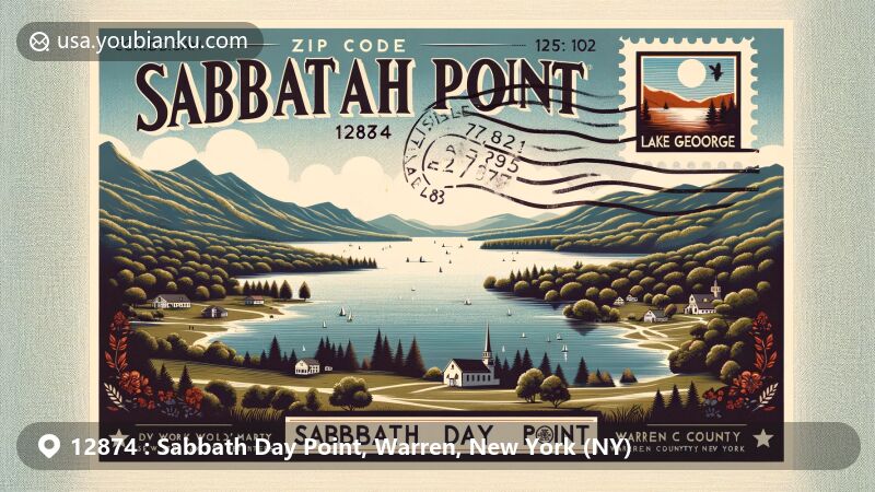 Modern illustration of Sabbath Day Point, Warren County, New York, showcasing picturesque Lake George surrounded by lush greenery and mountains, featuring vintage postal elements with a postcard layout, an old-fashioned postage stamp, and a postmark from 1757 Battle of Sabbath Day Point.