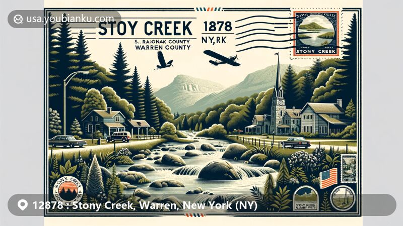 Modern illustration of Stony Creek, Warren County, New York, representing a tranquil town within the Adirondack Park with natural beauty of streams, lakes, rivers, and mountains, featuring historical elements like tannery, logging industry, hemlock trees, and Stony Creek Quarry's granite industry.