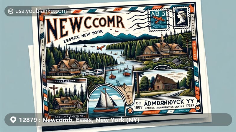 Modern illustration of Newcomb, Essex, New York (NY), showcasing postal theme with ZIP code 12879, featuring Great Camp Santanoni, Lake Harris, and Adirondack Interpretive Center in Adirondacks region.