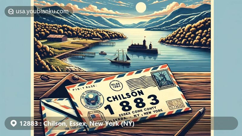 Modern illustration of Chilson, Essex County, New York, portraying the 12883 ZIP code area with Adirondack Park's natural beauty, featuring Lake George and Lake Champlain. Fort Ticonderoga depicted as a postage stamp, surrounded by airmail theme.