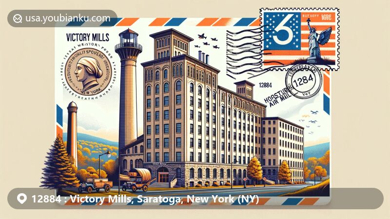 Modern illustration of Victory Mills, Saratoga, New York, featuring iconic textile mill with historical and postal themes, including Saratoga Battle Monument and ZIP code 12884.