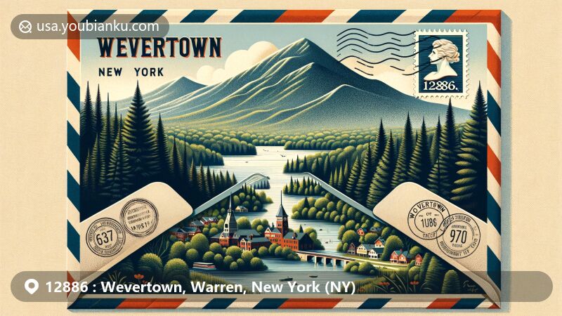 Modern illustration of Wevertown, Warren County, New York, with postal theme and ZIP code 12886, featuring Adirondack Mountains and Upper Hudson Watershed.