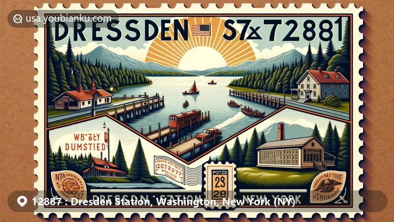 Modern illustration of Dresden Station, Washington County, New York, featuring Adirondack Park with Lake George and Lake Champlain, showcasing lumbering and maple syrup industries, postal theme with vintage mailbox and post stamp, highlighting Champlain Canal and New York state symbols.