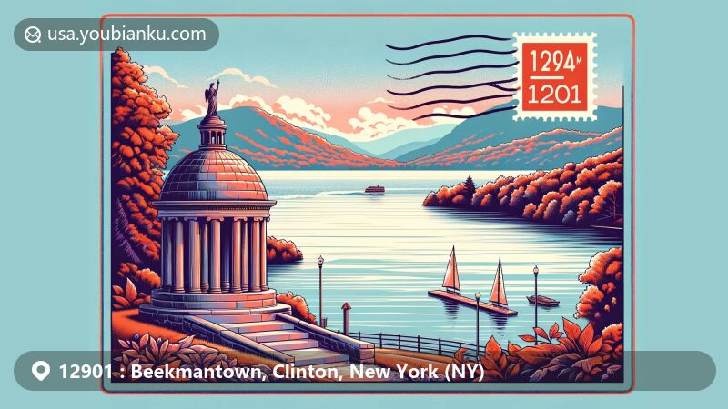 Modern illustration of Beekmantown, Clinton County, New York, capturing the serene beauty of Lake Champlain against the Adirondack Mountains backdrop, featuring Culver Hill Memorial to commemorate historical significance, presented in a postal-themed frame with '12901' ZIP code postmark and New York state outline.
