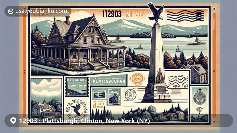 Modern illustration of Plattsburgh, New York, featuring Kent-Delord House Museum, Macdonough Monument, and Point Au Roches State Park, showcasing historical and natural beauty in a vintage postcard layout with postal theme.