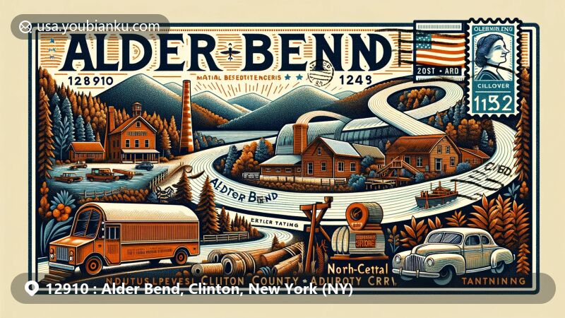 Modern illustration of Alder Bend, Clinton County, New York, highlighting ZIP code 12910 and featuring Adirondack Park, indigenous and European-American history, natural resource themes, and postal elements.
