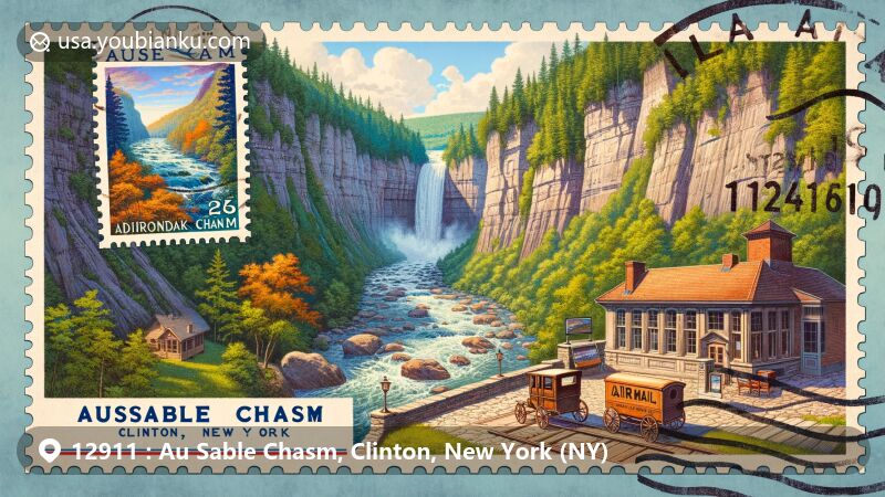 Modern illustration of Au Sable Chasm in Clinton County, New York, resembling a vintage postcard with postal stamps and cancellation mark '12911', featuring iconic landmarks like Rainbow Falls, Elephant's Head, and Column Rock in the Adirondack mountains, balanced with nostalgic postal elements and New York state flag.