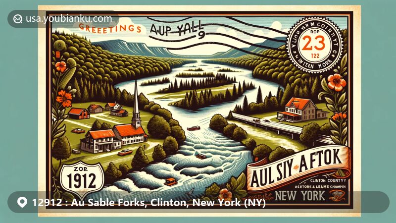 Modern illustration of Au Sable Forks, Clinton County, New York (NY), showcasing postal theme with ZIP code 12912, featuring the confluence of Au Sable River branches, New York State Route 9N, and vintage postcard design.