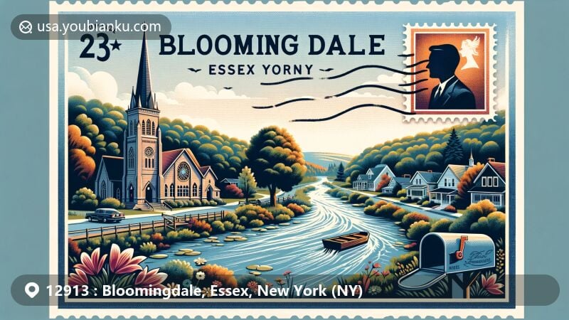 Illustration of Bloomingdale, Essex County, New York, highlighting the United Methodist Church and the natural beauty of Essex County, with a stylized representation of the Saranac River, vintage postal elements, and modern color palette.