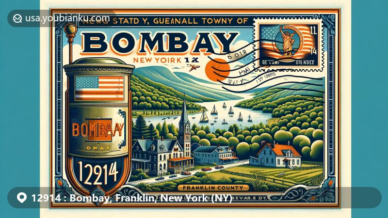 Modern illustration of Bombay, Franklin County, New York, showcasing postal theme with ZIP code 12914, featuring New York State flag and postal elements, paying homage to Mumbai, India.