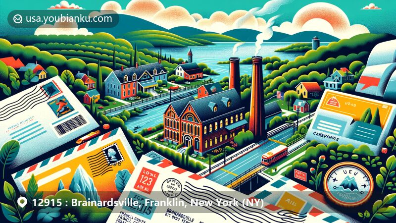 Modern illustration of Brainardsville, Franklin County, New York, showcasing a vibrant blend of local and postal elements, featuring natural beauty, historic Catalan Forge site, and modern postal symbols like postmark, stamps, and ZIP code 12915.