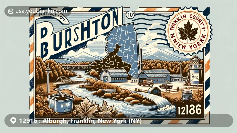 Modern illustration of Brushton, Franklin County, New York, featuring postal theme with ZIP code 12916, highlighting local maple syrup production and the Little Salmon River.