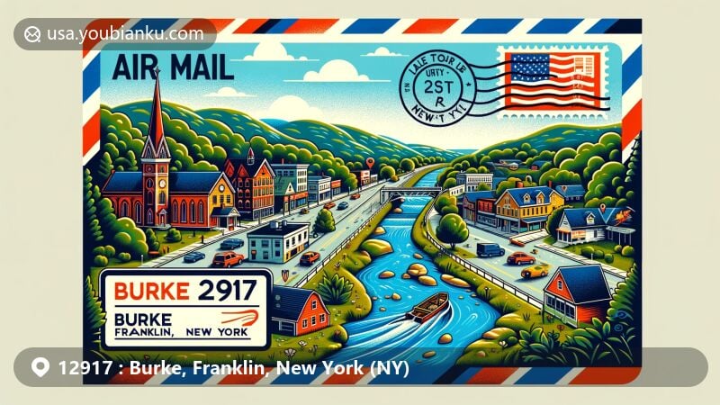 Modern interpretation of Burke village, Franklin County, New York, showcasing postal theme with ZIP code 12917, featuring scenic landscape and traditional postal elements.