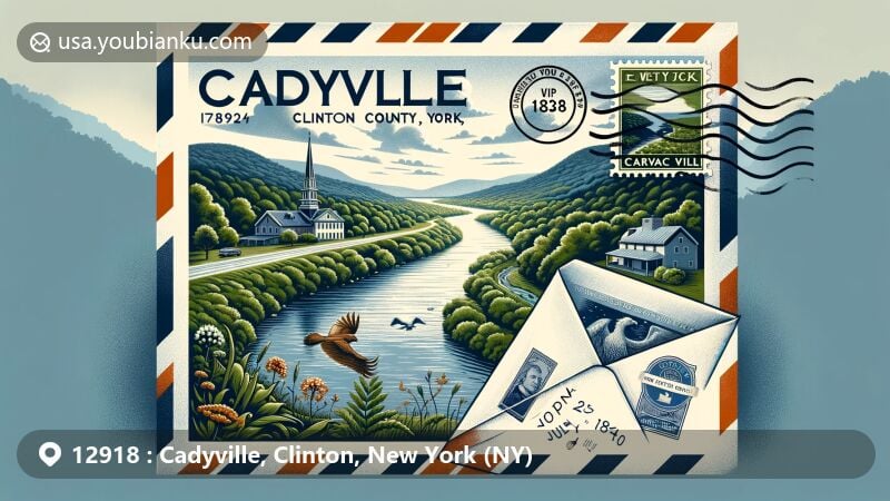Modern illustration of Cadyville, Clinton County, New York, blending natural beauty with postal heritage, featuring Saranac River, lush greenery, vintage post office, air mail envelope with ZIP code 12918, Cadyville stamp, and New York state flag.