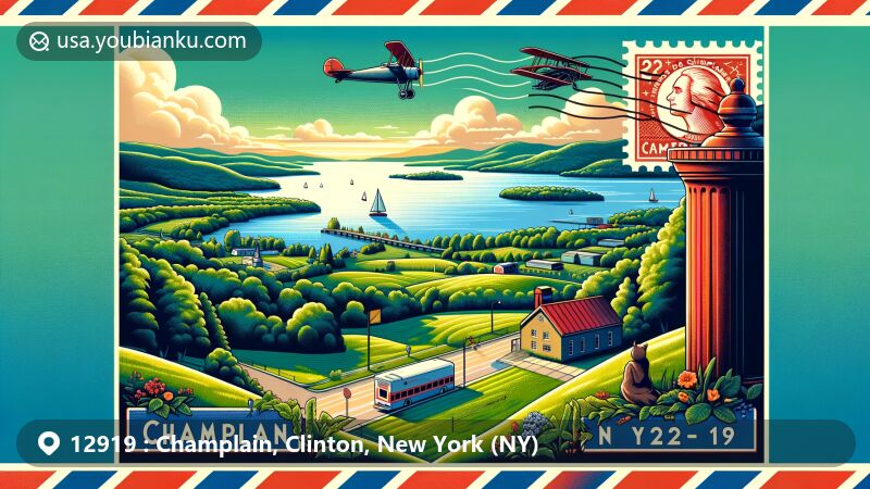 Modern illustration of Champlain, Clinton County, New York, showcasing postal theme with ZIP code 12919, featuring scenic beauty of mountains, forests, and Lake Champlain, along with stylized fort from Revolutionary War era.