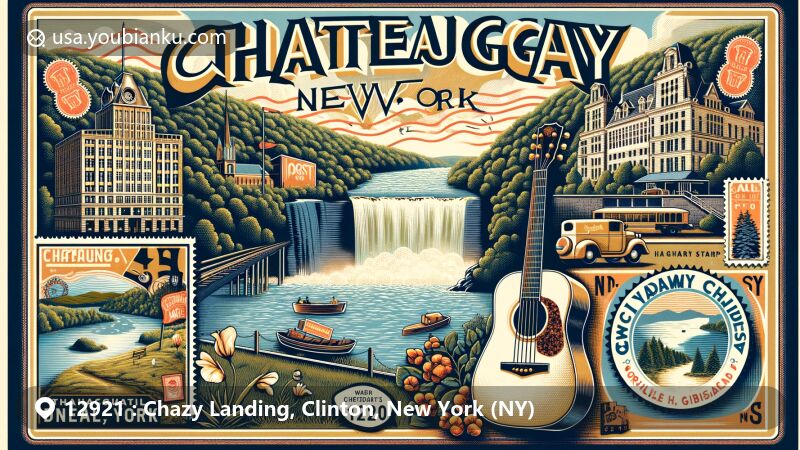 Modern illustration of Chazy Landing, Clinton County, New York, showcasing airmail envelope with regional and postal themes, featuring Lake Champlain scenery, Clinton County map, '12921' ZIP Code, stamp of iconic landmark or natural feature, and postal elements.