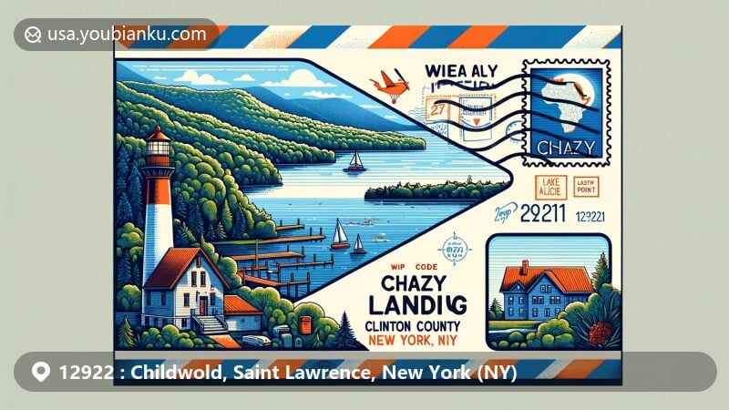 Modern illustration of Childwold, NY, focusing on iconic Childwold Memorial Presbyterian Church in Queen Anne architectural style, Adirondack Park's natural beauty, and stylized postal theme with ZIP code 12922.