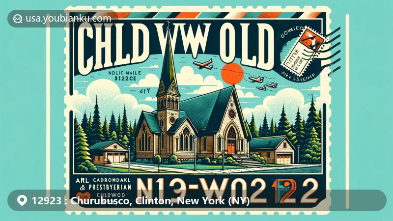 Modern illustration of Churubusco, NY in Clinton County, showcasing rural landscape, sparse population, and dairy farming tradition, highlighting historical significance in the Mexican-American War with connection to Battle of Churubusco. Postal theme elements like New York state flag stamps, '12923' ZIP code postal mark, and envelope outlines creatively integrated in the design to evoke curiosity about this unique and historically rich area.