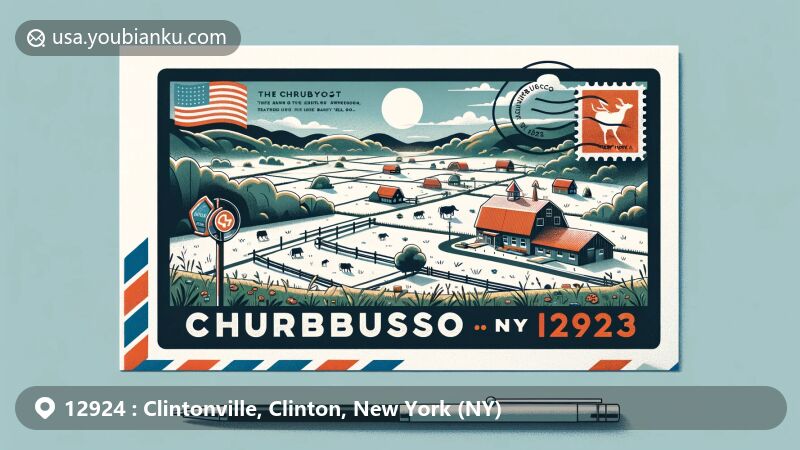Modern illustration of Clintonville, NY airmail envelope with ZIP code 12924, featuring Ausable River stamp and postmark, reflecting natural beauty and postal heritage.
