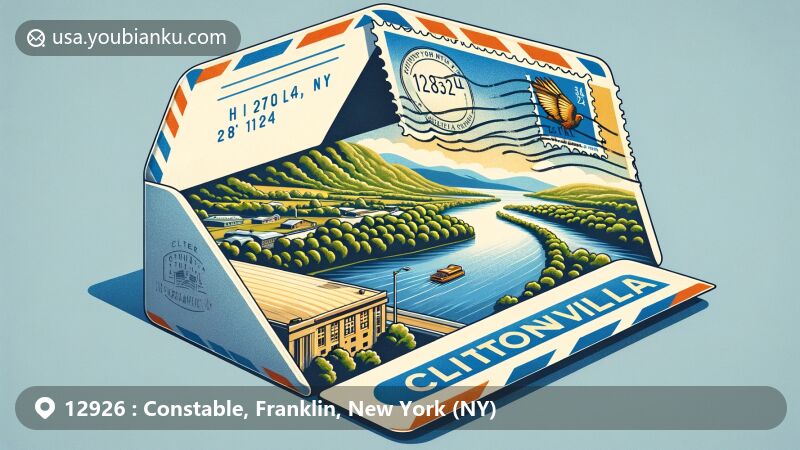 Modern illustration of Constable, Franklin, New York, showcasing proximity to Canada border and Trout River, historical 'line stores' concept, 2015 manhunt symbolism, rural landscape, and community spirit, incorporating ZIP code 12926 and postal elements.
