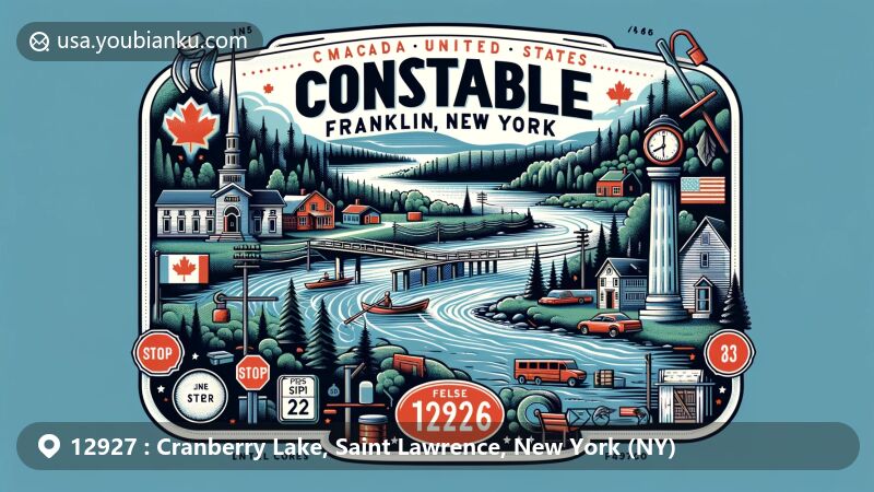 Modern illustration of Cranberry Lake, New York, highlighting natural beauty with kayak on the lake, mountains, and forests, incorporating postal theme with stamps, postal mark, and ZIP code 12927.