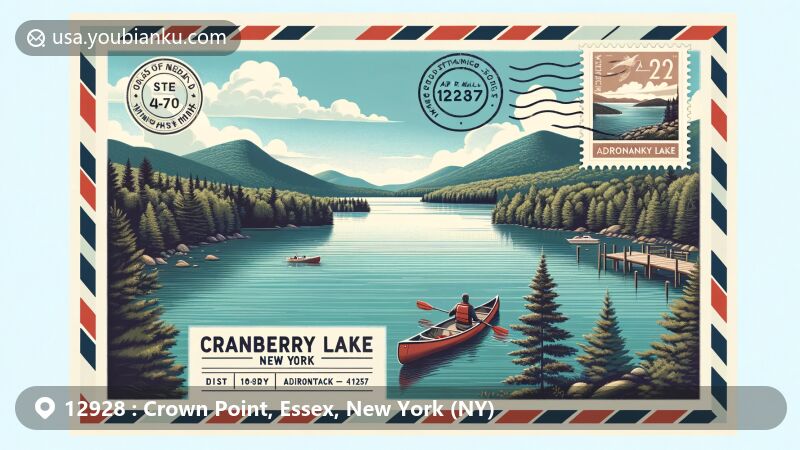 Illustration of Crown Point, Essex County, New York, featuring Fort Crown Point, Fort St. Frederic ruins, Champlain Memorial Lighthouse, and Lake Champlain, with vintage air mail envelope showcasing ZIP code 12928 and New York State flag stamp.