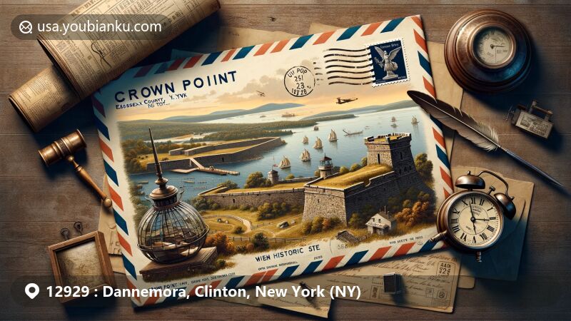 Modern illustration of Dannemora Village, Clinton County, New York, featuring Clinton Correctional Facility with ZIP code 12929, showcasing rugged climate and landscape near Adirondack Park, incorporating postal theme with aviation envelope, prison and Adirondack stamp, 12929 postal stamp, and mailbox.