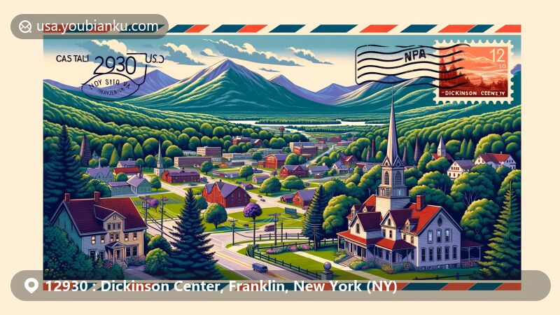 Modern illustration of Dickinson Center, Franklin County, New York, showcasing rural charm and outdoor beauty with Adirondack Mountains in the background, featuring ZIP code 12930 and vintage postal elements.