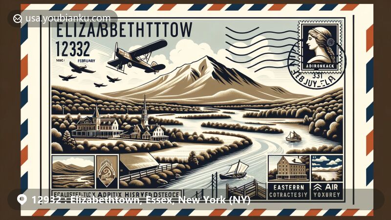 Modern illustration of Elizabethtown, Essex County, New York, showcasing vintage air mail envelope design with Adirondack Mountains, Black River, Hand-Hale Historic District, and Hubbard Hall, featuring Adirondack History Center Museum stamp and 1798 postal mark.