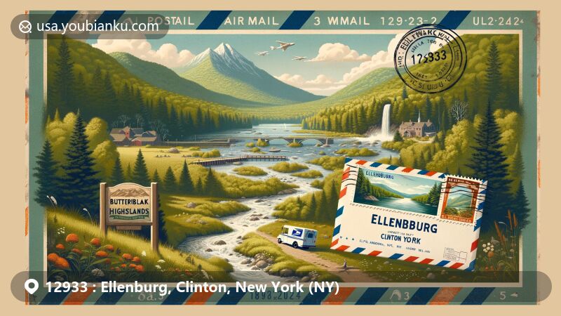 Modern illustration of Ellenburg, Clinton County, New York, blending natural beauty with postal theme, showcasing hiking trails and Adirondack Mountains, featuring vintage air mail envelope with postcard and postal elements.